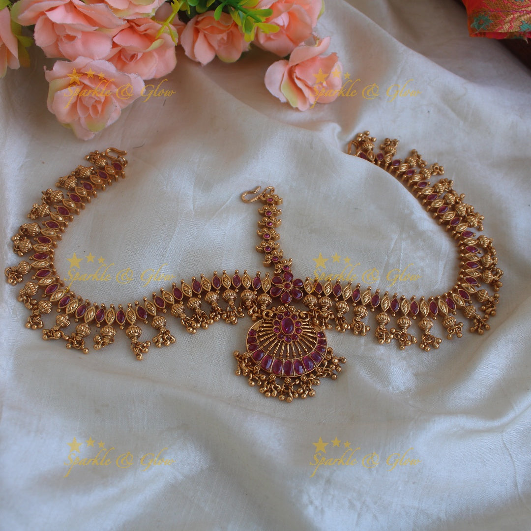 Sparkling Peacock floral design American diamond short necklace with ruby and floral drops - pink