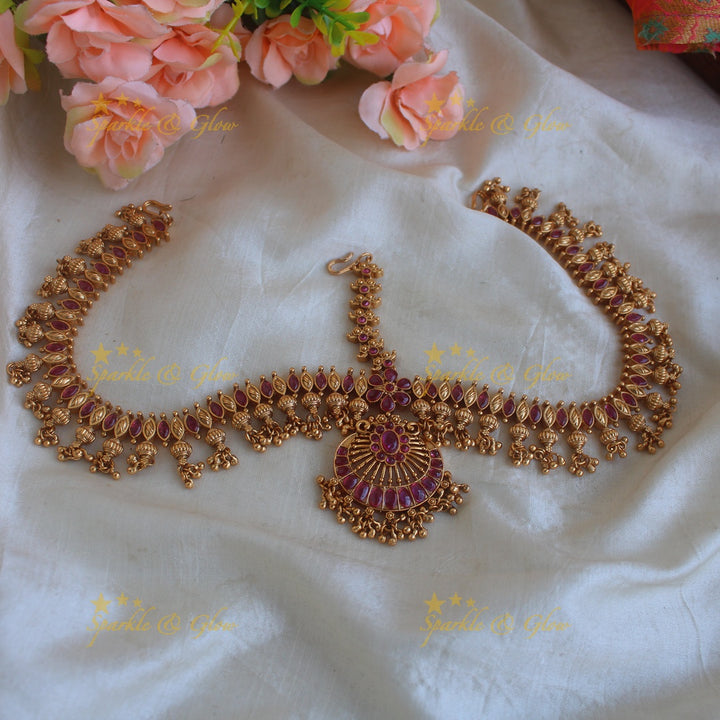 Sparkling Peacock floral design American diamond short necklace with ruby and floral drops - pink