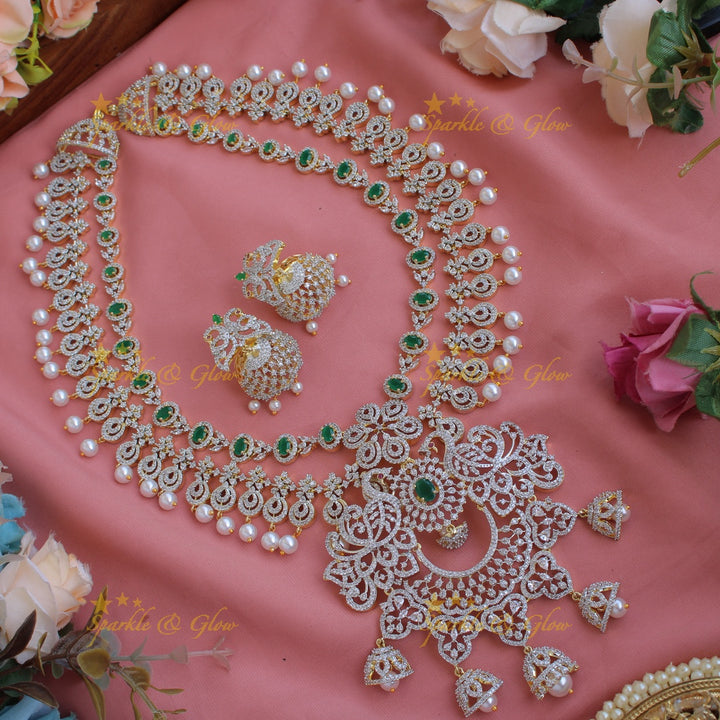 Gorgeous Peacock floral design American diamond layer haram with pealrs ruby and jumuka drops