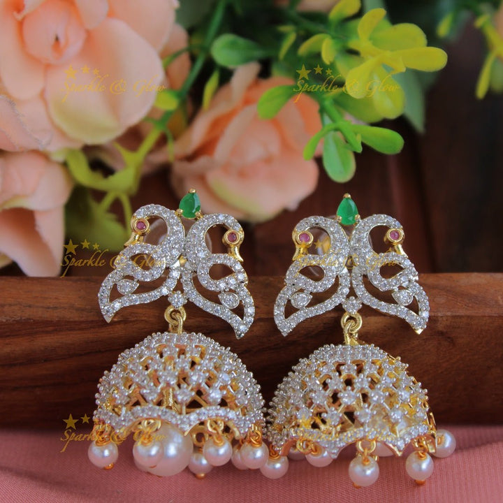 Gorgeous Peacock floral design American diamond layer haram with pealrs emerald and jumuka drops - Sparkle and Glow - Back Thread - 