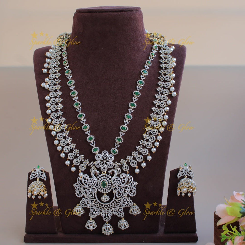 Gorgeous Peacock floral design American diamond layer haram with pealrs emerald and jumuka drops - Sparkle and Glow - Back Thread - 
