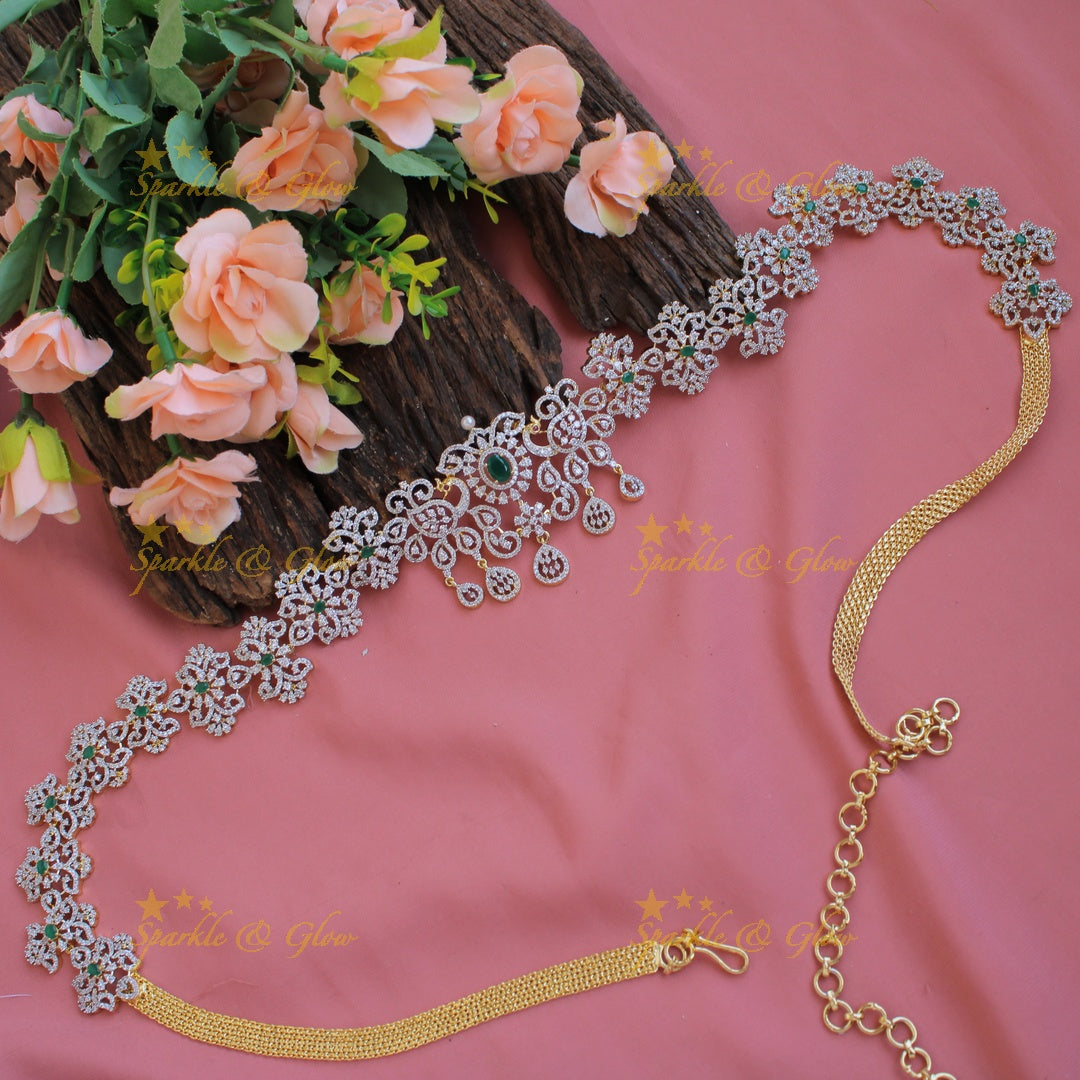 Stunning floral peacock american diamond hipchain with emerald