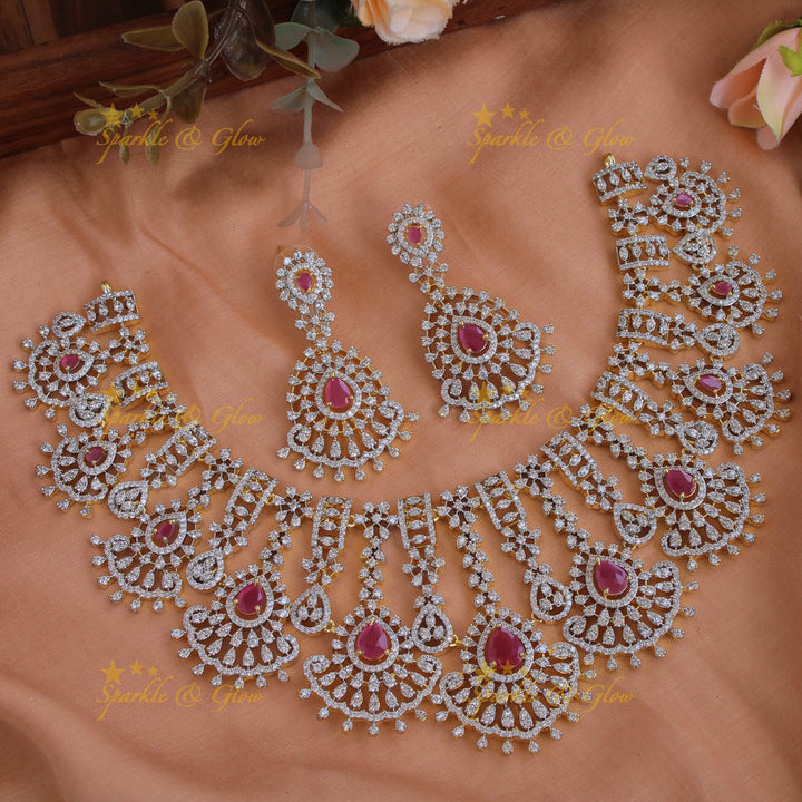 Elegant Flower design American diamond short necklace with emerald - green