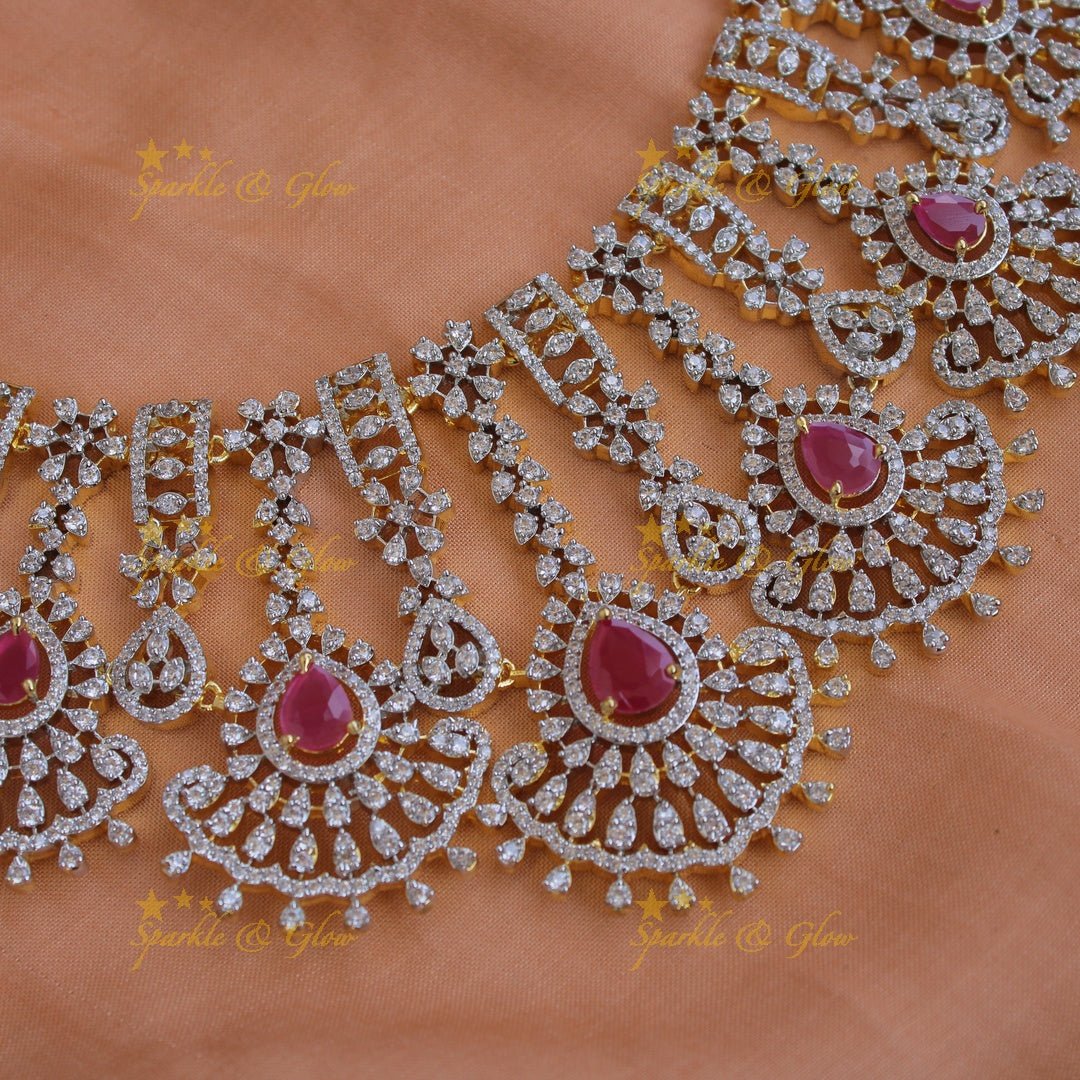 Elegant Flower design American diamond short necklace with ruby - Sparkle and Glow - Back Thread - 