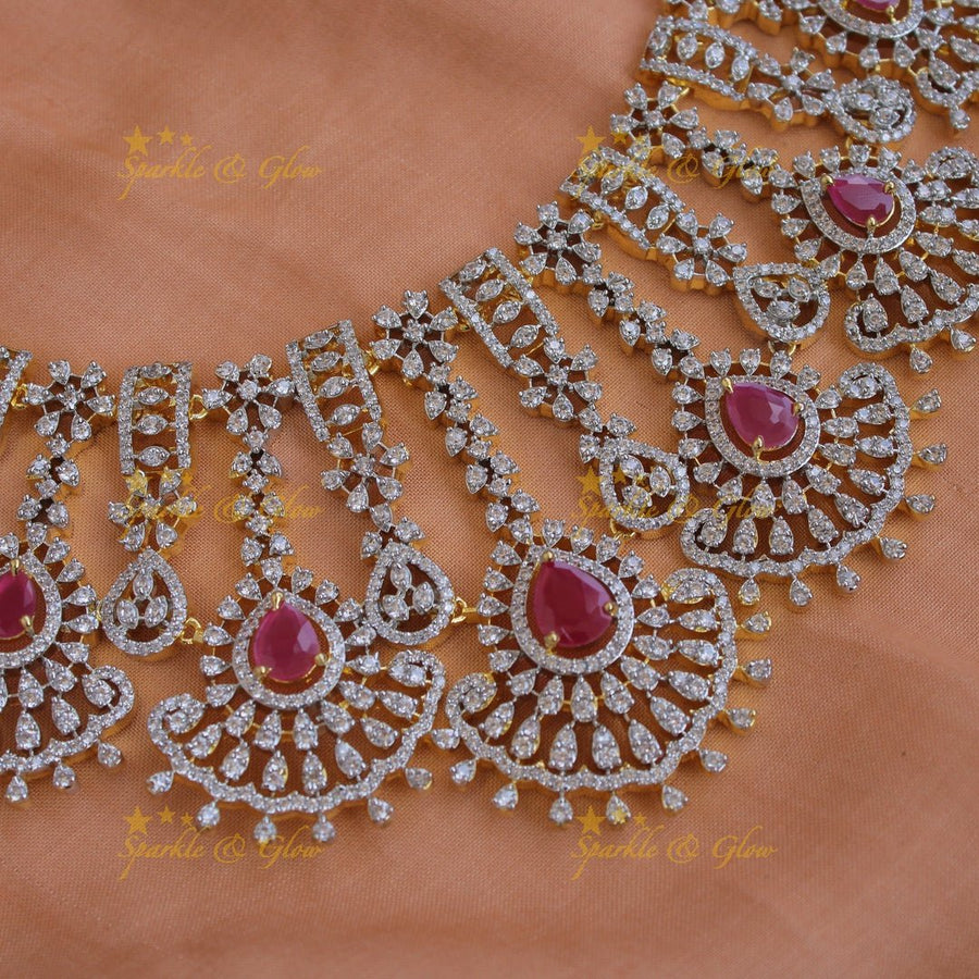 Elegant Flower design American diamond short necklace with ruby - Sparkle and Glow - Back Thread - 