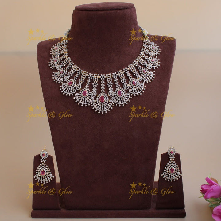 Elegant Flower design American diamond short necklace with ruby - Sparkle and Glow - Back Thread - 