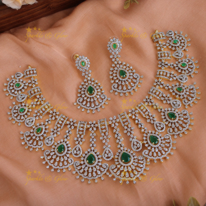 Elegant Flower design American diamond short necklace with emerald - green