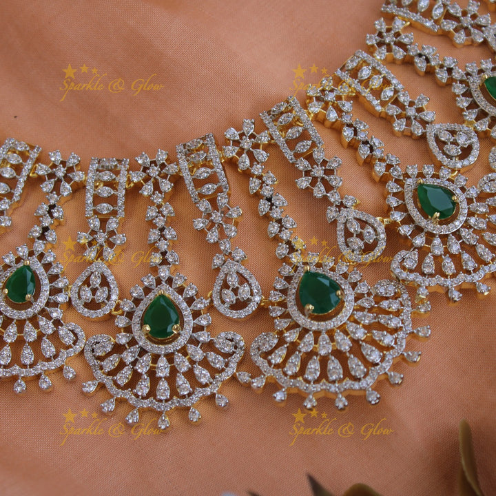 Elegant Flower design American diamond short necklace with emerald - green