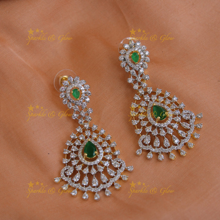 Elegant Flower design American diamond short necklace with emerald - green