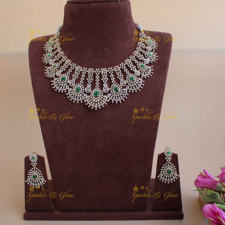 Elegant Flower design American diamond short necklace with emerald - green