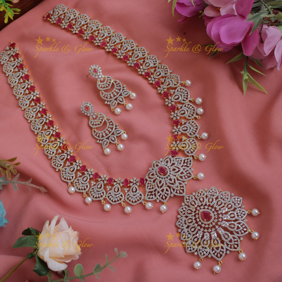 Grand exclusive flower design American diamond long necklace with emerald and pearl drops - green
