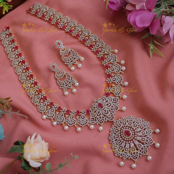 Grand exclusive flower design American diamond long necklace with emerald and pearl drops - green