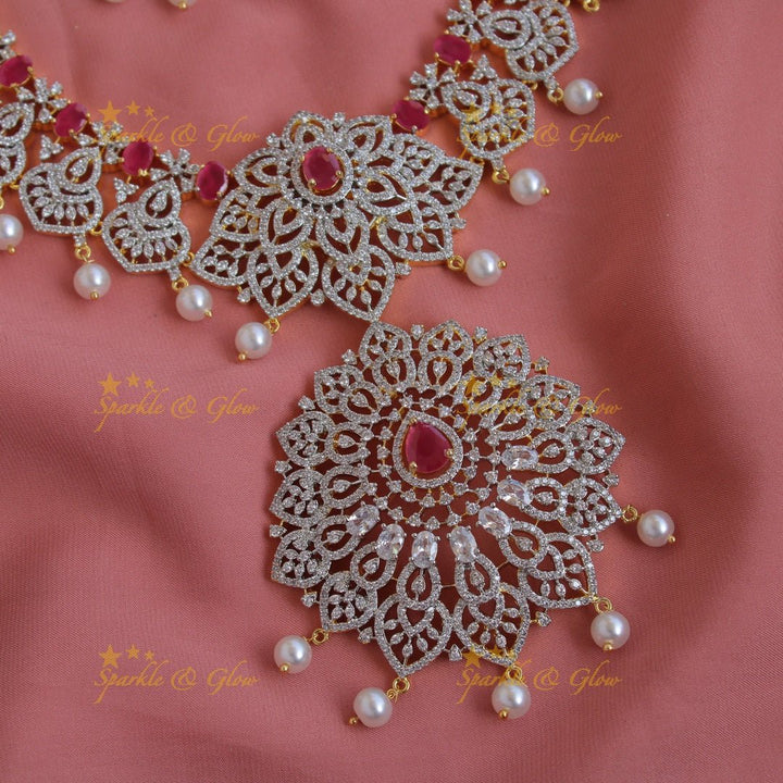 Grand exclusive flower design American diamond long necklace with ruby and pearl drops - Sparkle and Glow - Back Thread - 