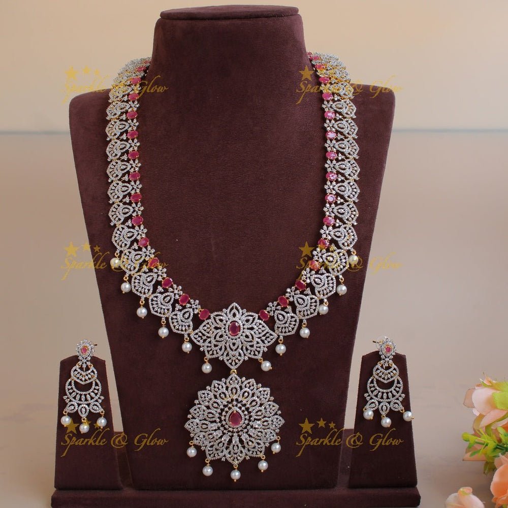 Grand exclusive flower design American diamond long necklace with ruby and pearl drops - Sparkle and Glow - Back Thread - 