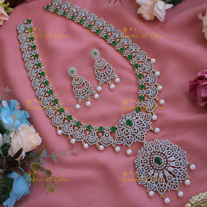 Grand exclusive flower design American diamond long necklace with emerald and pearl drops - green