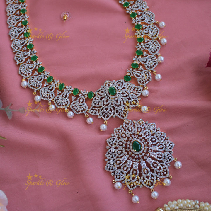 Grand exclusive flower design American diamond long necklace with emerald and pearl drops - green