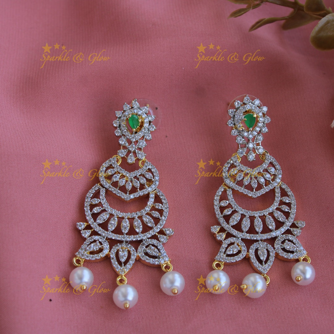 Grand exclusive flower design American diamond long necklace with emerald and pearl drops - green