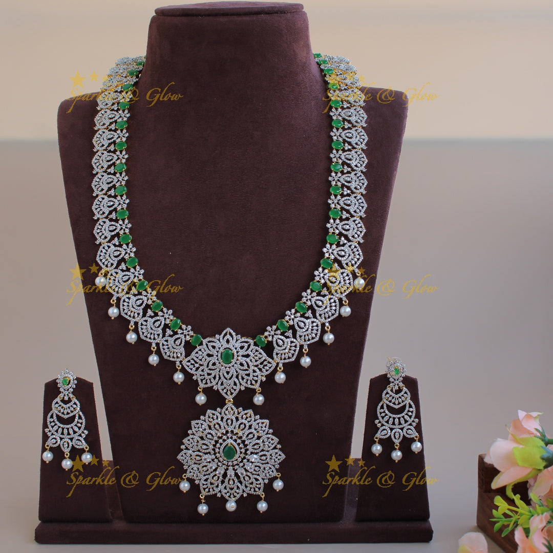 Grand exclusive flower design American diamond long necklace with emerald and pearl drops - green