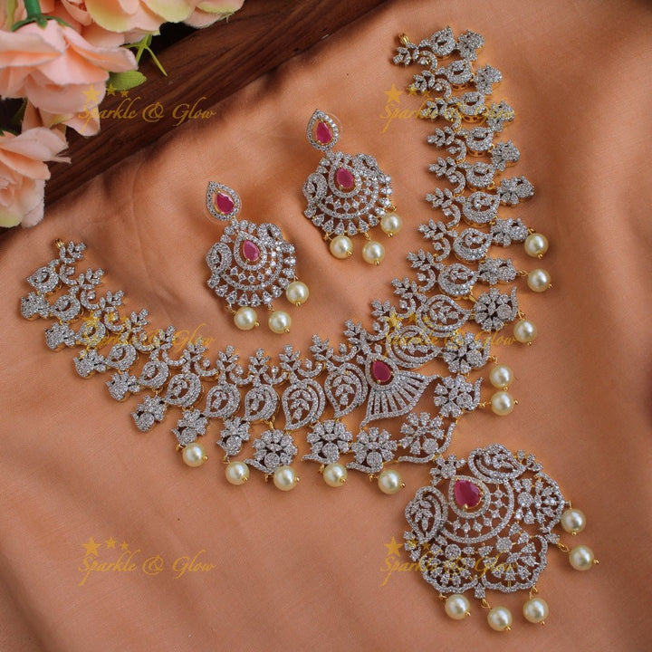 Beautiful Flower leaf design American diamond short necklace with ruby and pearls - Sparkle and Glow - Back Thread - 