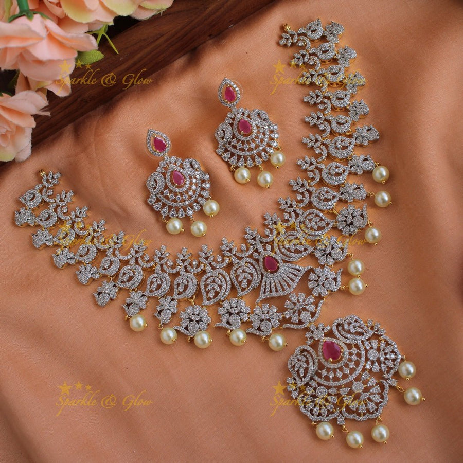 Beautiful Flower leaf design American diamond short necklace with ruby and pearls - Sparkle and Glow - Back Thread - 