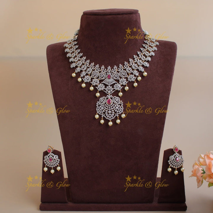 Beautiful Flower leaf design American diamond short necklace with ruby and pearls - Sparkle and Glow - Back Thread - 