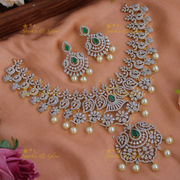 Beautiful Flower leaf design American diamond short necklace with emerald and pearls - green