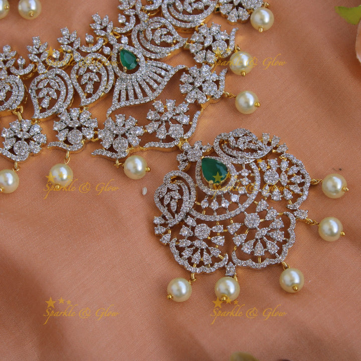 Beautiful Flower leaf design American diamond short necklace with emerald and pearls - green
