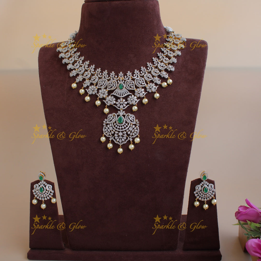 Beautiful Flower leaf design American diamond short necklace with emerald and pearls - green
