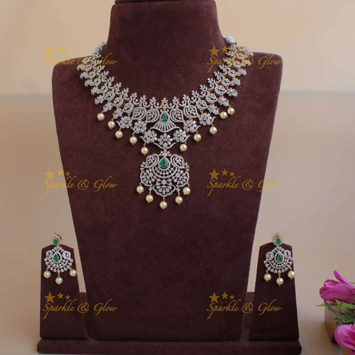 Beautiful Flower leaf design American diamond short necklace with emerald and pearls - green