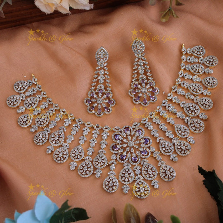 Exclusive floral leaflet drop American diamond Short necklace with Pink stones - Sparkle and Glow - Purple - Back Thread