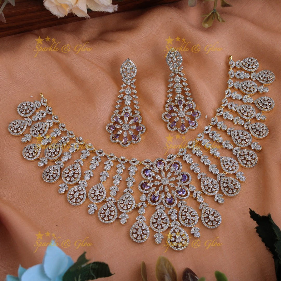 Exclusive floral leaflet drop American diamond Short necklace with Pink stones - Sparkle and Glow - Purple - Back Thread