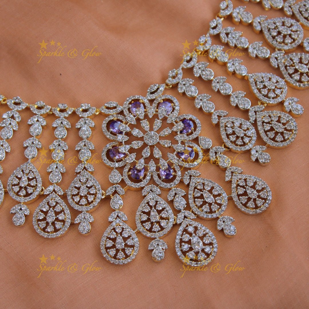 Exclusive floral leaflet drop American diamond Short necklace with Pink stones - Sparkle and Glow - Purple - Back Thread