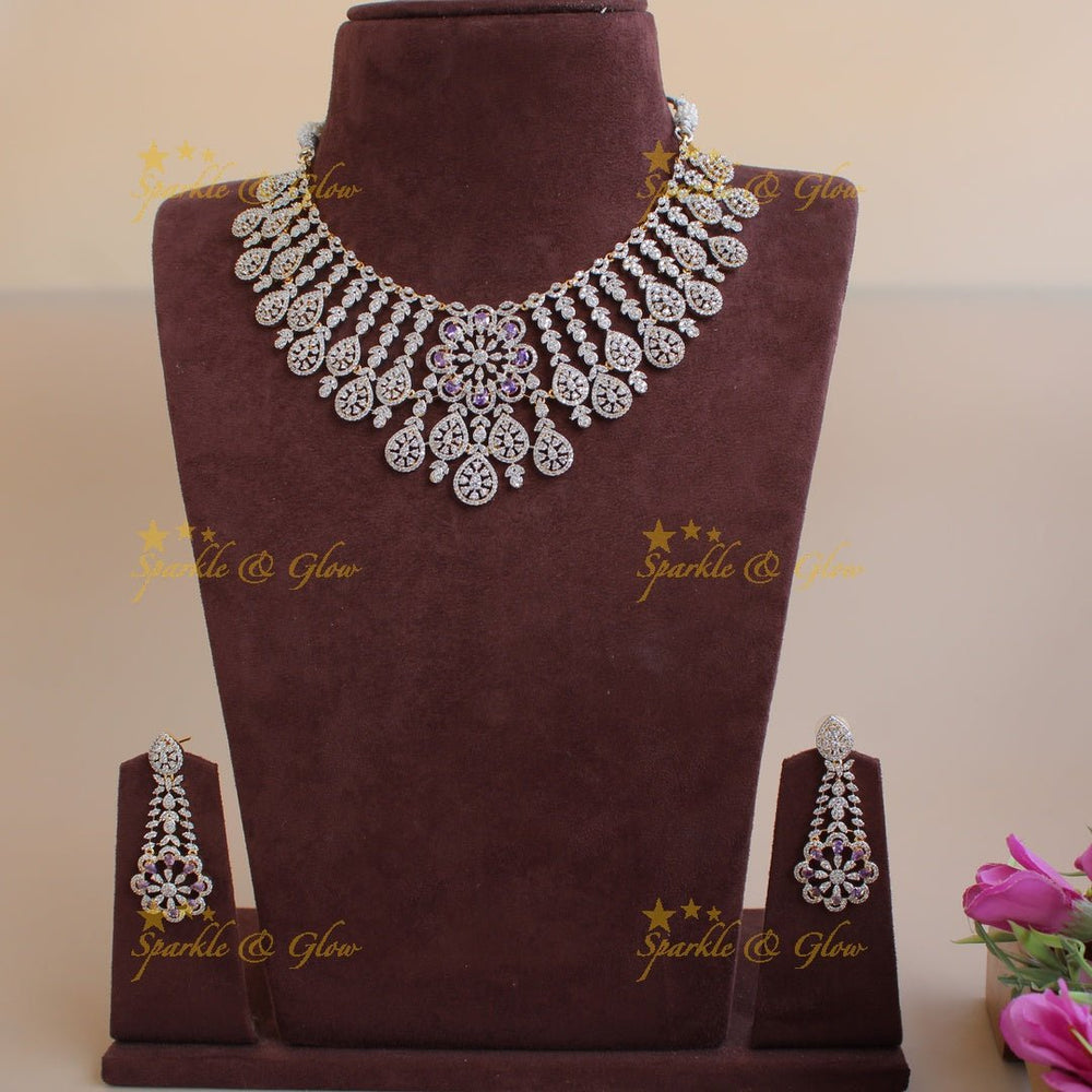 Exclusive floral leaflet drop American diamond Short necklace with Pink stones - Sparkle and Glow - Purple - Back Thread
