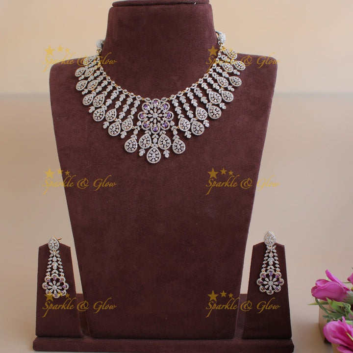 Exclusive floral leaflet drop American diamond Short necklace with Pink stones - Sparkle and Glow - Purple - Back Thread