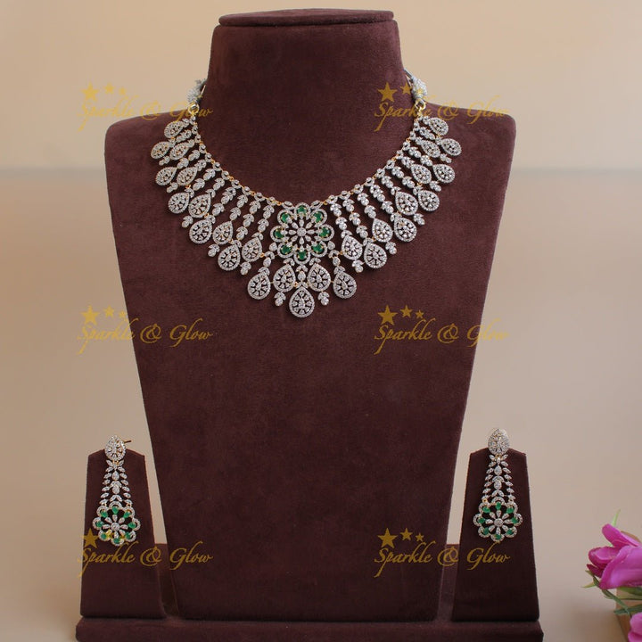 Exclusive floral leaflet drop American diamond Short necklace with Pink stones - Sparkle and Glow - Green - Back Thread