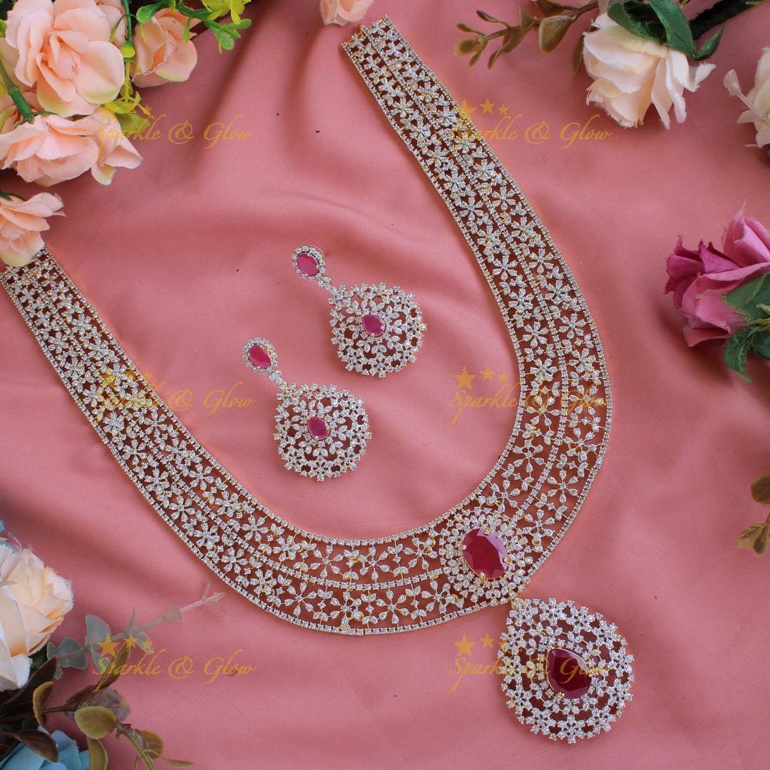 Gorgeous flower design American diamond long necklace with ruby - Sparkle and Glow - Back Thread - 