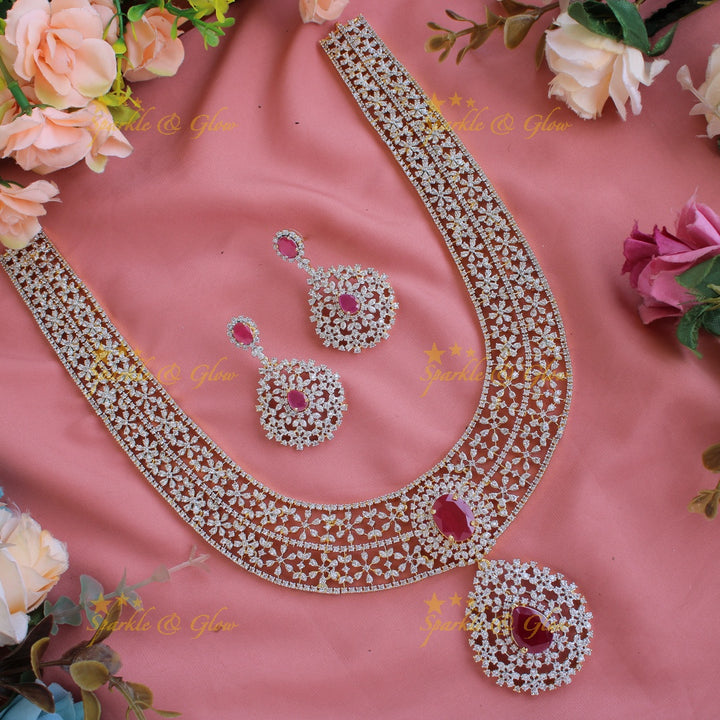 Gorgeous flower design American diamond long necklace with emerald - green
