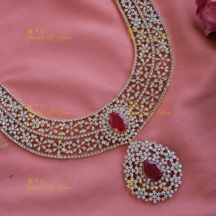 Gorgeous flower design American diamond long necklace with ruby - Sparkle and Glow - Back Thread - 