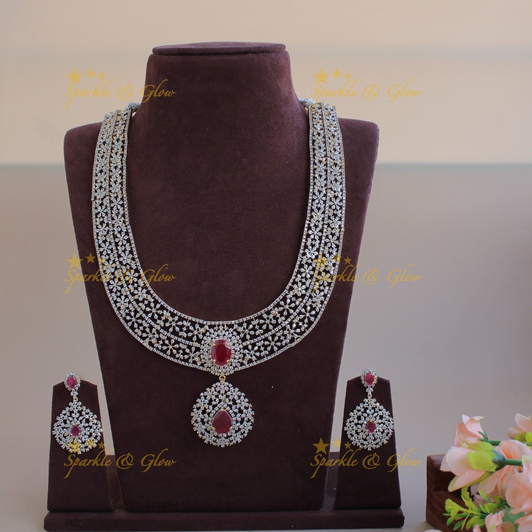 Gorgeous flower design American diamond long necklace with ruby - Sparkle and Glow - Back Thread - 