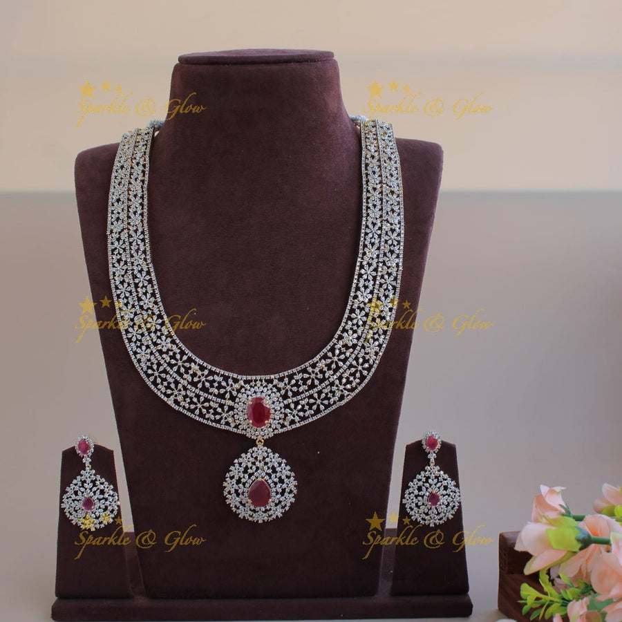 Gorgeous flower design American diamond long necklace with ruby - Sparkle and Glow - Back Thread - 