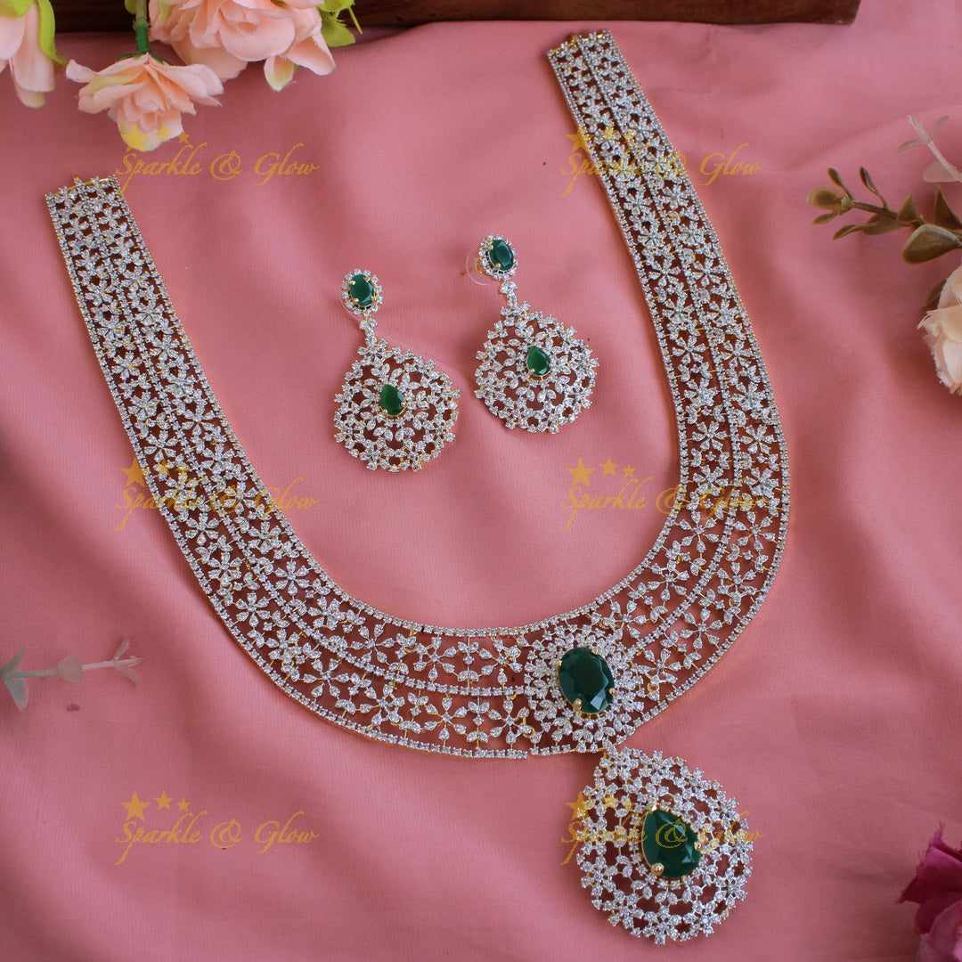 Gorgeous flower design American diamond long necklace with emerald - green