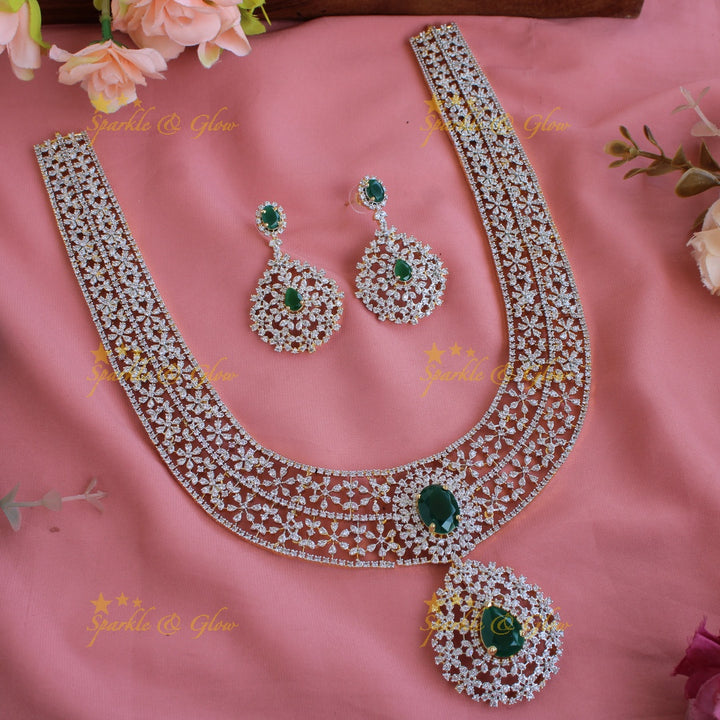 Gorgeous flower design American diamond long necklace with emerald - green