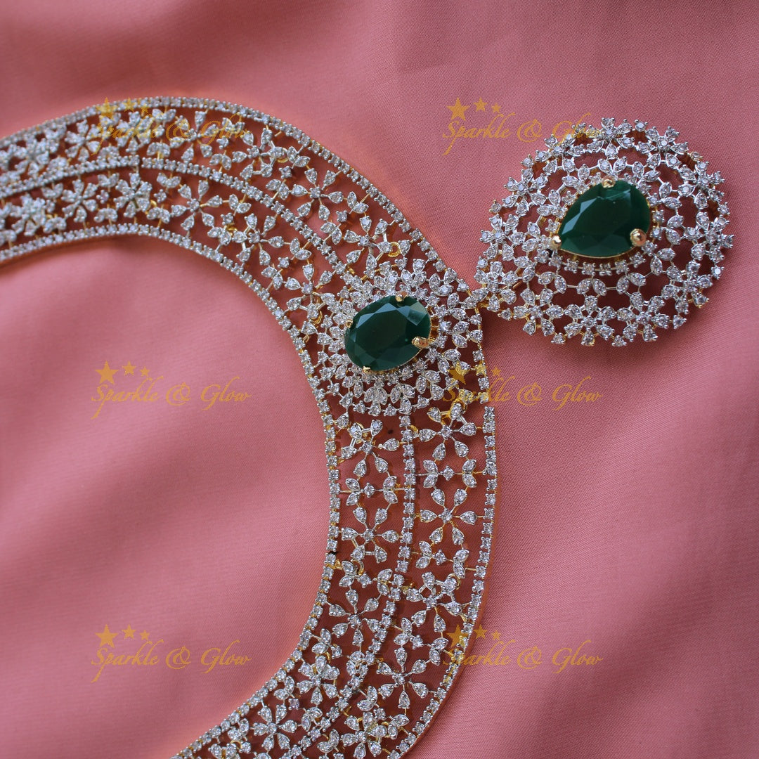 Gorgeous flower design American diamond long necklace with emerald - green