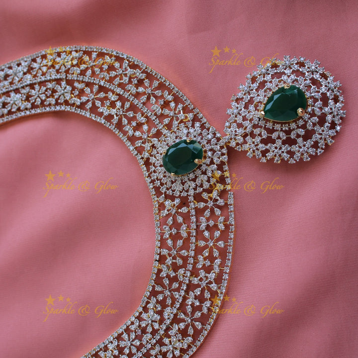 Gorgeous flower design American diamond long necklace with emerald - green