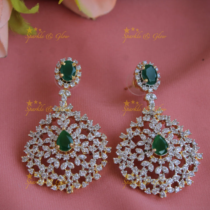 Gorgeous flower design American diamond long necklace with emerald - green