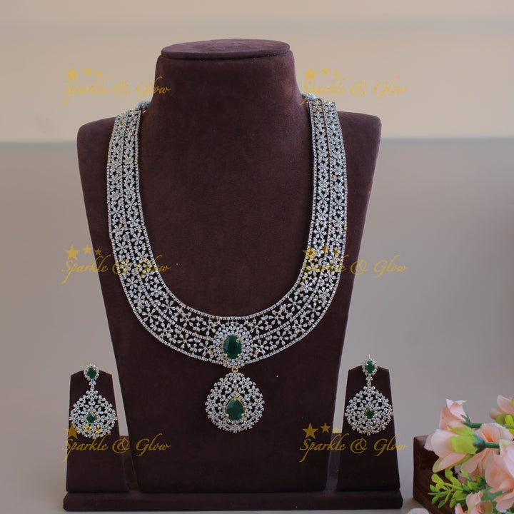 Gorgeous flower design American diamond long necklace with emerald - green