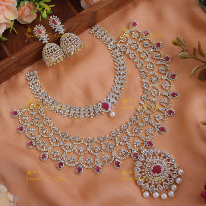Grand Floral leaflet design American diamond choker and short necklace set with ruby and pearl drops - Sparkle and Glow - Back Thread - 
