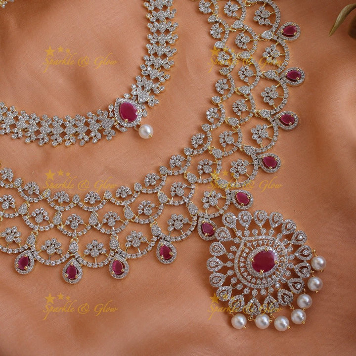 Grand Floral leaflet design American diamond choker and short necklace set with ruby and pearl drops - Sparkle and Glow - Back Thread - 