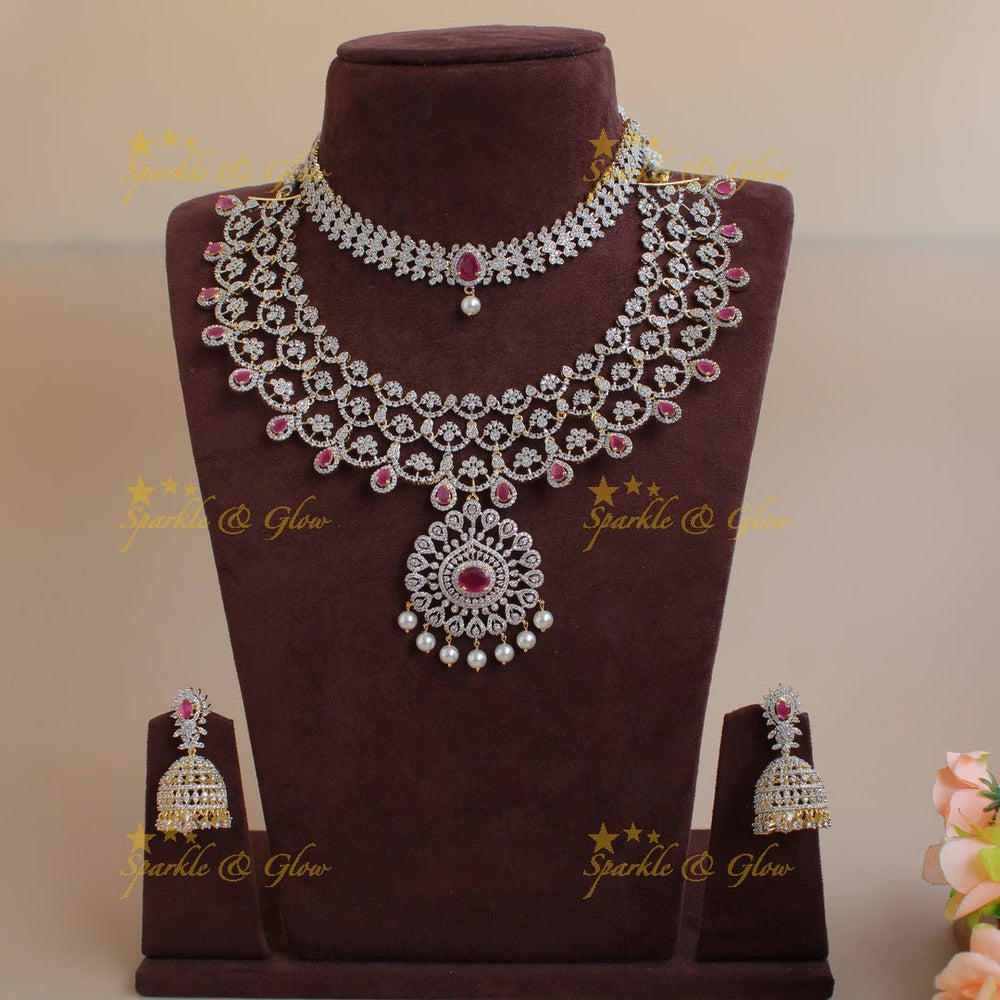 Grand Floral leaflet design American diamond choker and short necklace set with ruby and pearl drops - Sparkle and Glow - Back Thread - 