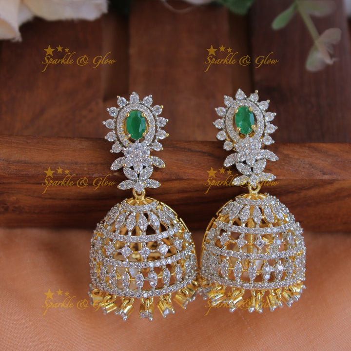 Grand Floral leaflet design American diamond choker and short necklace set with emerald and pearl drops - green